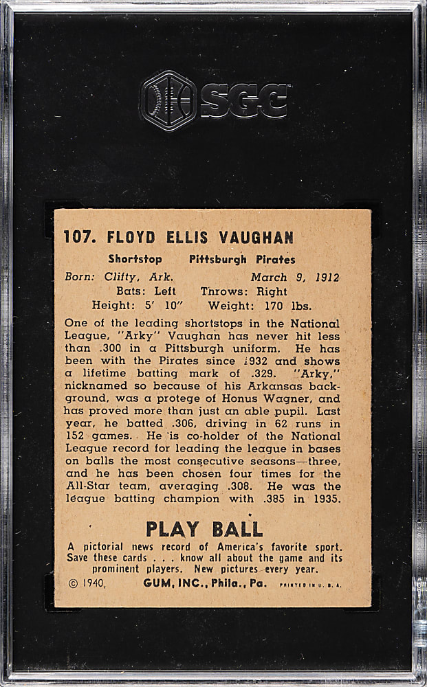 1940 R335 Play Ball #107 Arky Vaughan SGC EX 5
