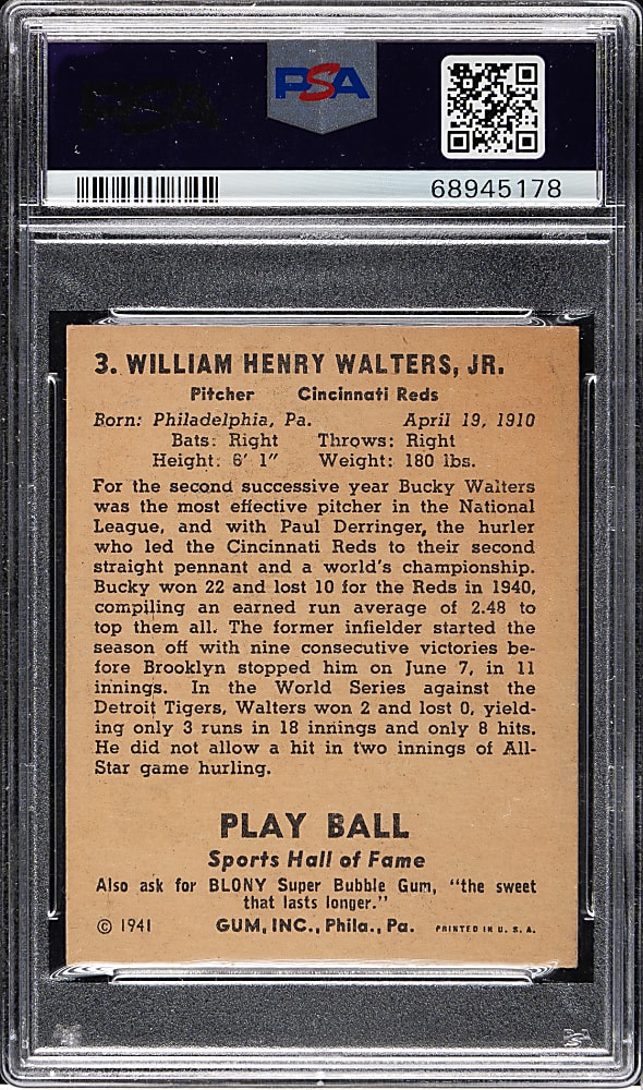 1941 R336 Play Ball #3 Bucky Walters PSA EX 5