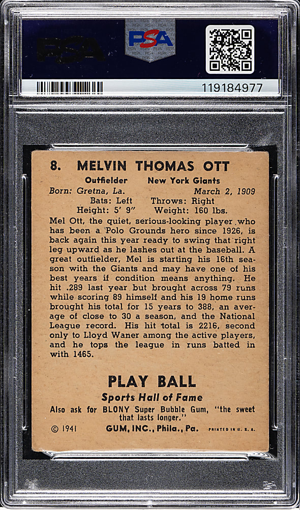 1941 R336 Play Ball #8 Mel Ott PSA VG 3