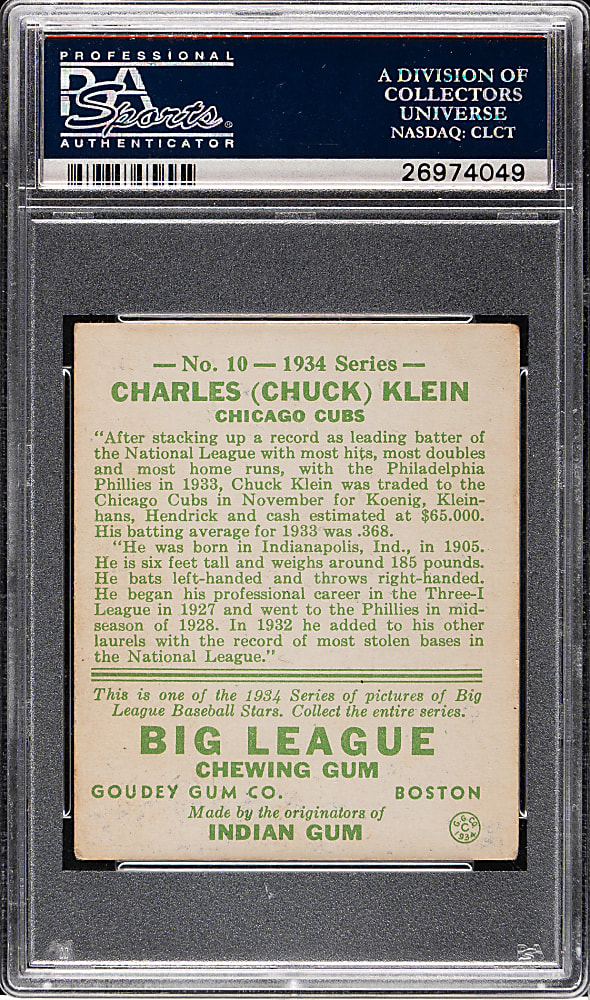 1934 R320 Goudey #10 Chuck Klein PSA VG-EX+ 4.5