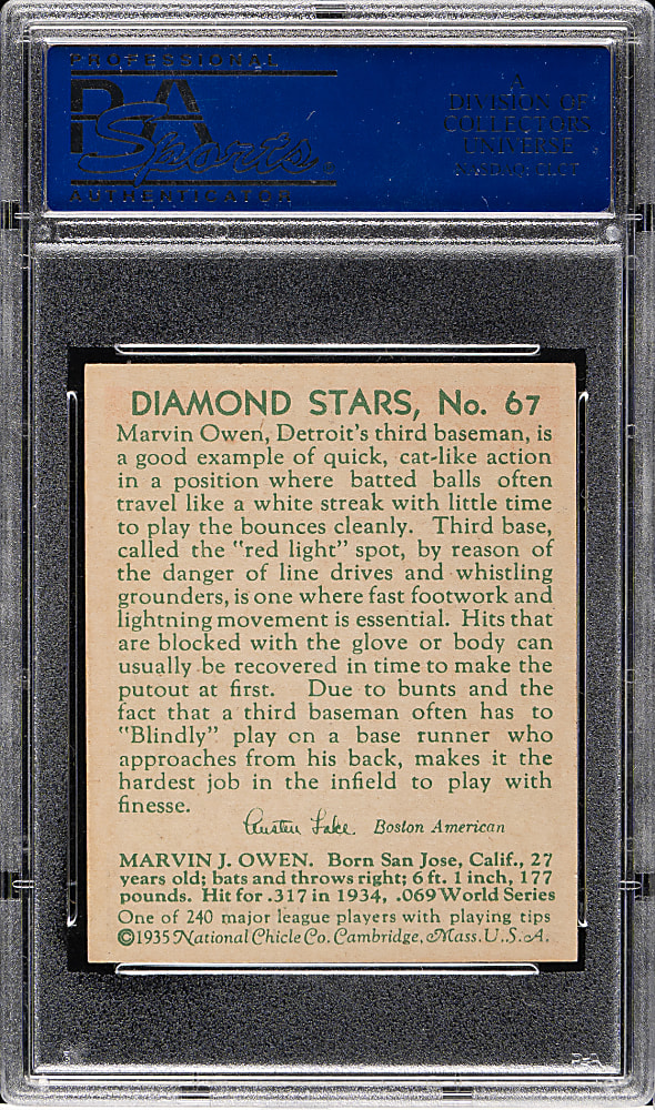 1934-1936 R327 Diamond Stars #67 Marvin Owen PSA EX-MT 6