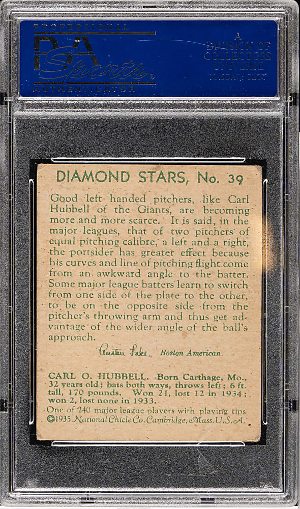1934-1936 R327 Diamond Stars #39 Carl Hubbell PSA VG-EX 4