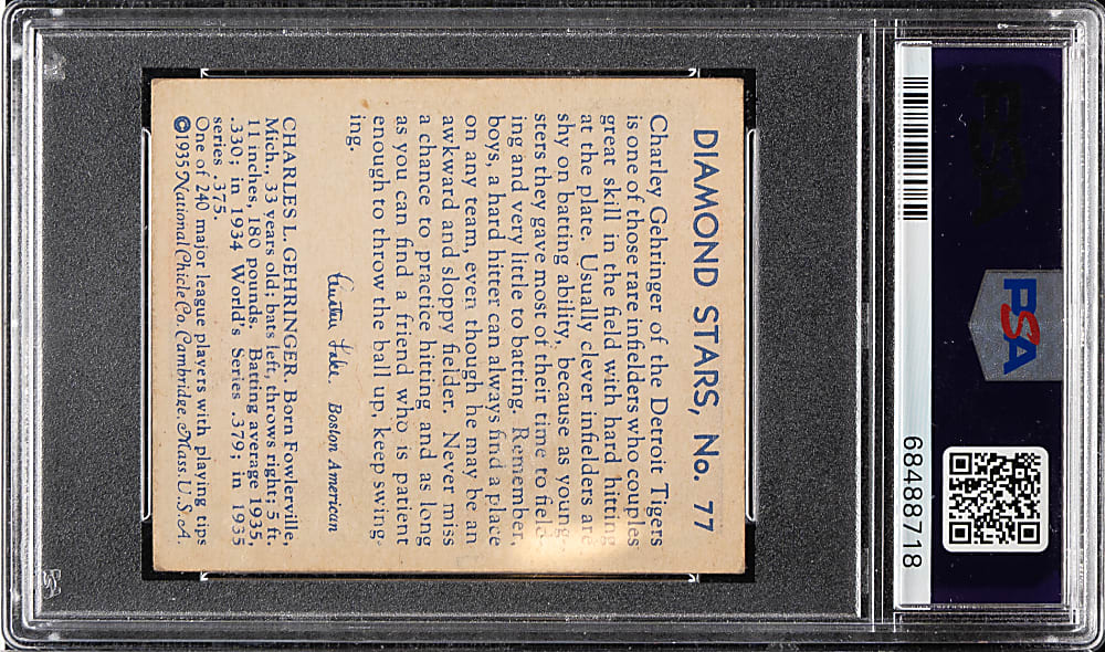 1934-1936 R327 Diamond Stars #77 Charlie Gehringer (1935 Blue Back) PSA VG-EX 4