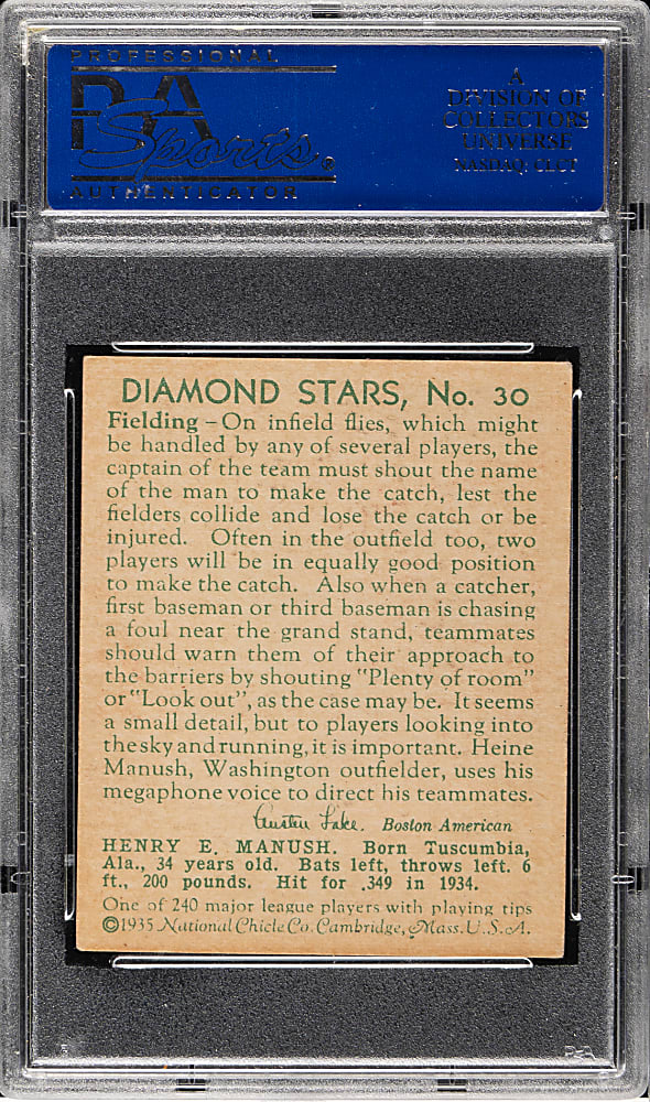 1934-1936 R327 Diamond Stars #30 Heinie Manush "W" on Sleeve (1935 Green Back) PSA EX 5