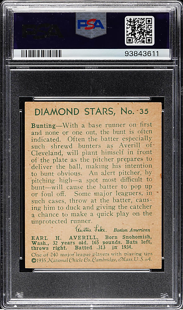 1934-1936 R327 Diamond Stars #35 Earl Averill PSA EX 5