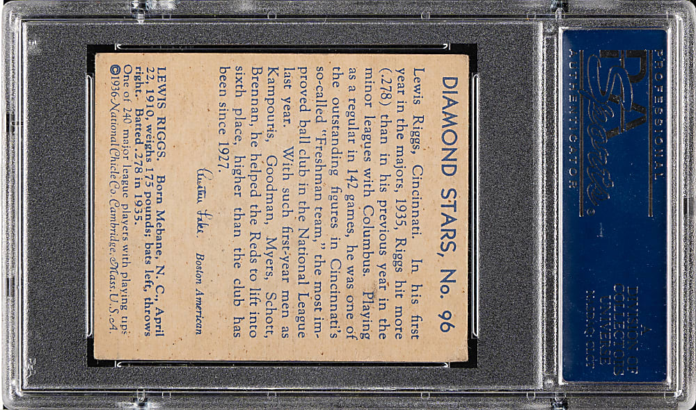 1934-1936 R327 Diamond Stars #96 Lew Riggs PSA VG-EX 4