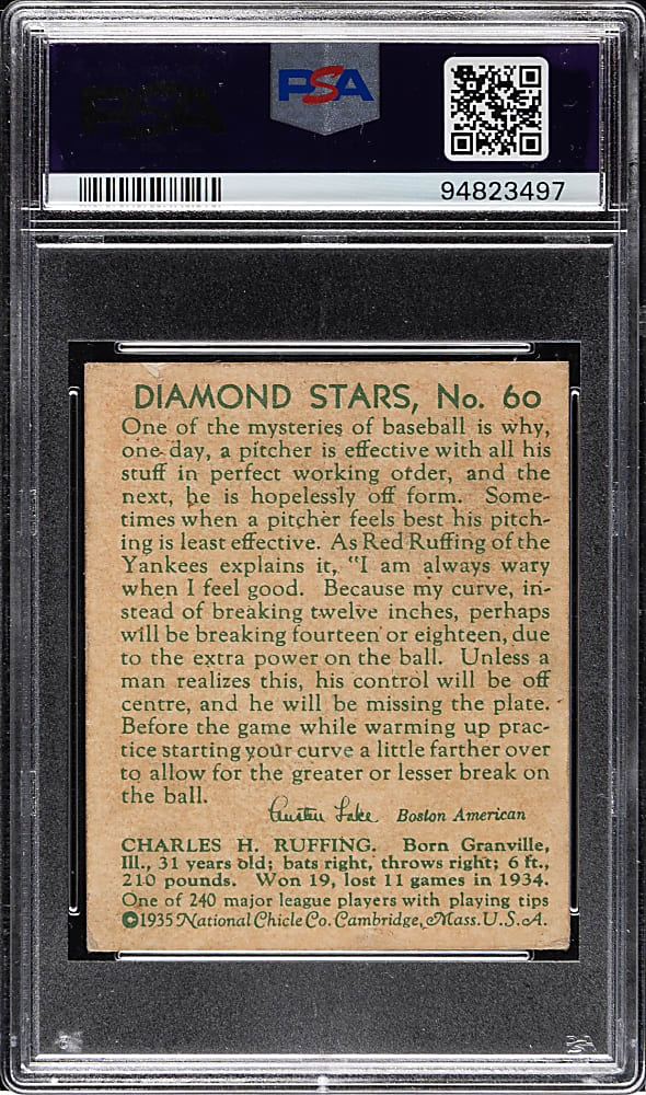 1934-1936 R327 Diamond Stars #60 Red Ruffing PSA VG-EX 4