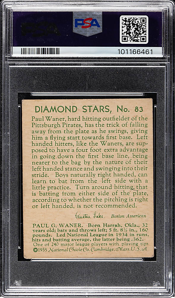 1934-1936 R327 Diamond Stars #83 Paul Waner (1935 Green Back) PSA VG-EX 4