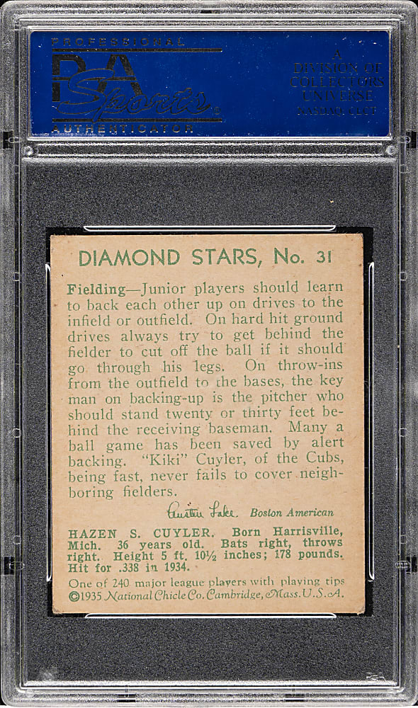 1934-1936 R327 Diamond Stars #31 Kiki Cuyler (1935 Green Back) PSA EX 5