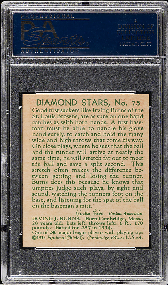 1934-1936 R327 Diamond Stars #75 Irving Burns (1935 Green Back) PSA NM+ 7.5
