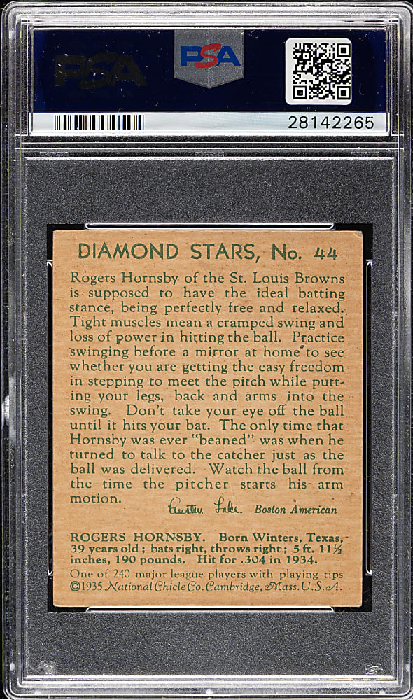 1934-1936 R327 Diamond Stars #44 Rogers Hornsby PSA VG 3