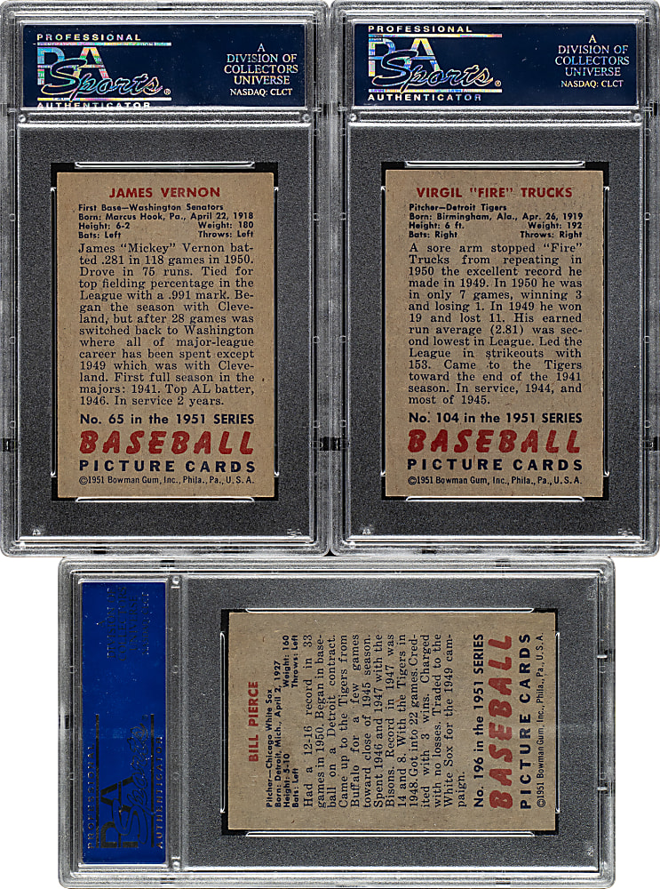 1951 Bowman PSA-Graded Trio: Mickey Vernon, Virgil Trucks, and Bill Pierce