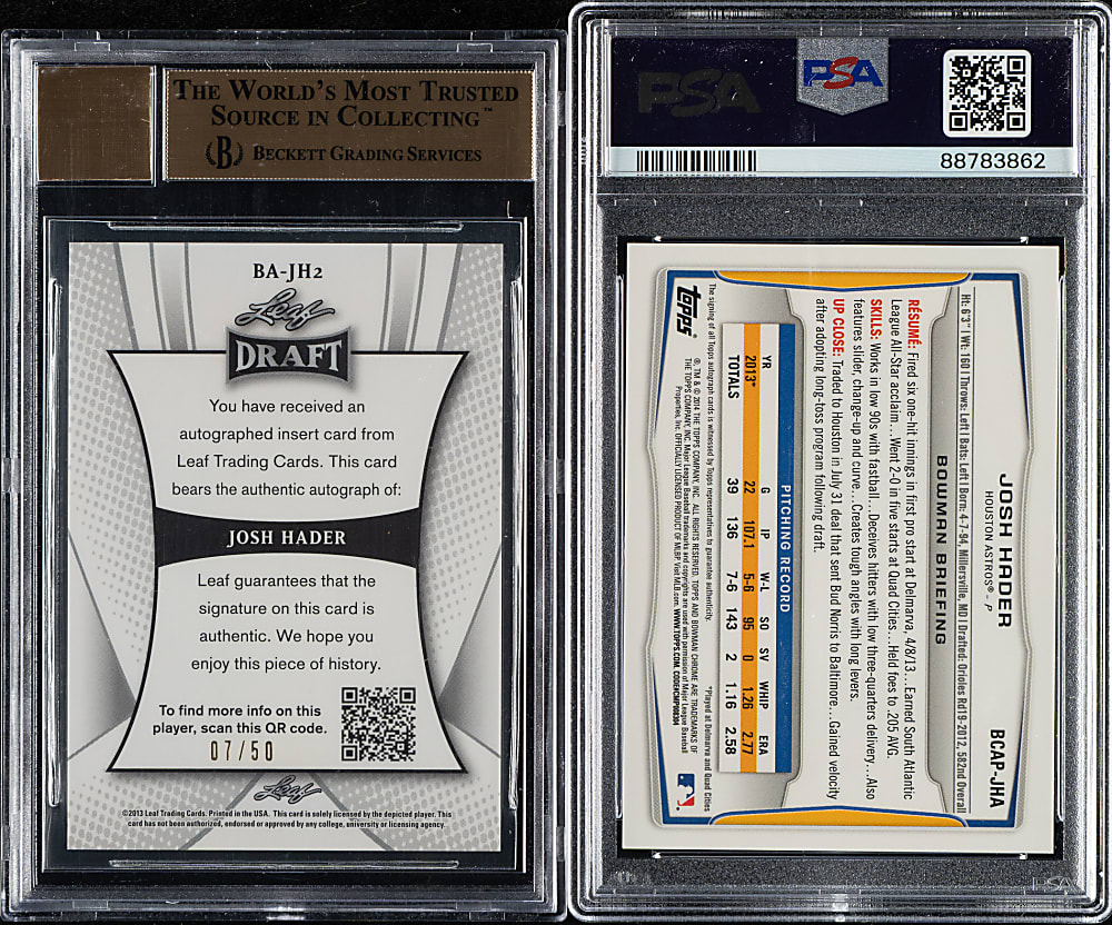 2013 and 2014 Leaf Metal Draft and Bowman Autographs Josh Hader PSA- and BGS-Graded Pair