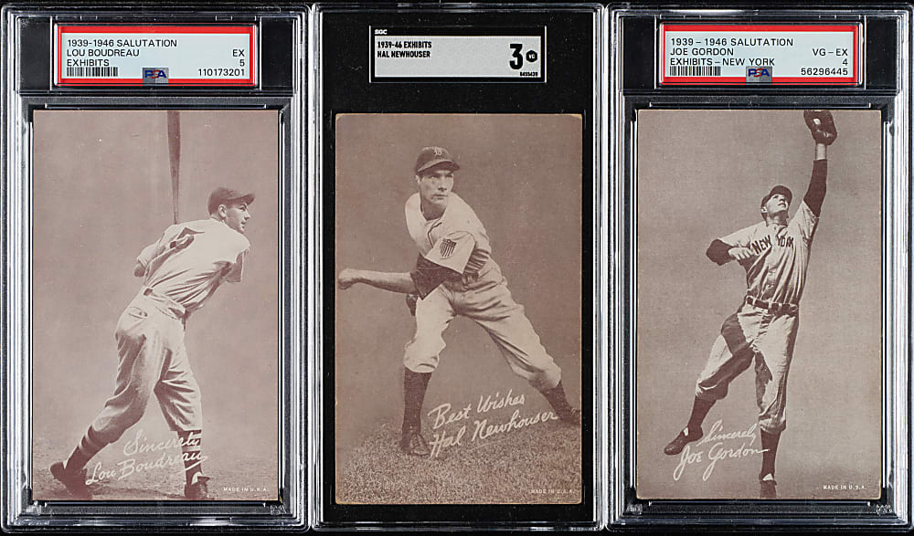 1939-1946 W462 Salutation Exhibits Hall of Fame PSA- and SGC-Graded Trio: Lou Boudreau, Joe Gordon, and Hal Newhouser