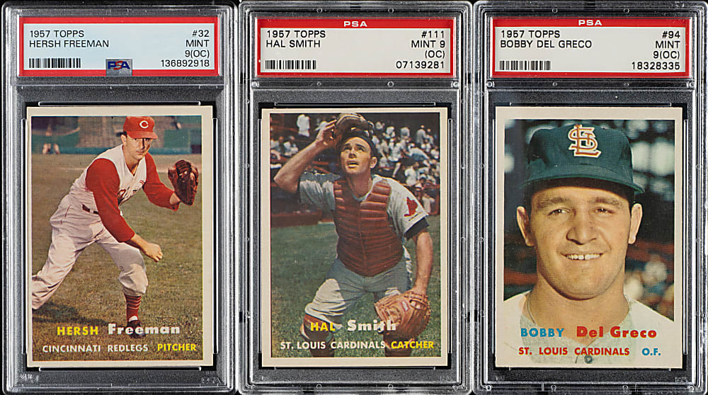 1957 Topps PSA MINT 9 (OC) Trio: Hersh Freeman, Hal Smith, and Bobby Del Greco