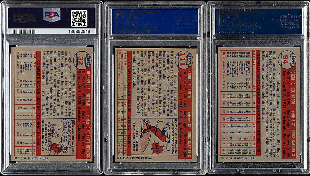 1957 Topps PSA MINT 9 (OC) Trio: Hersh Freeman, Hal Smith, and Bobby Del Greco