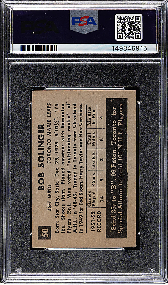 1952-1953 Parkhurst Hockey #50 Bob Solinger PSA VG-EX 4