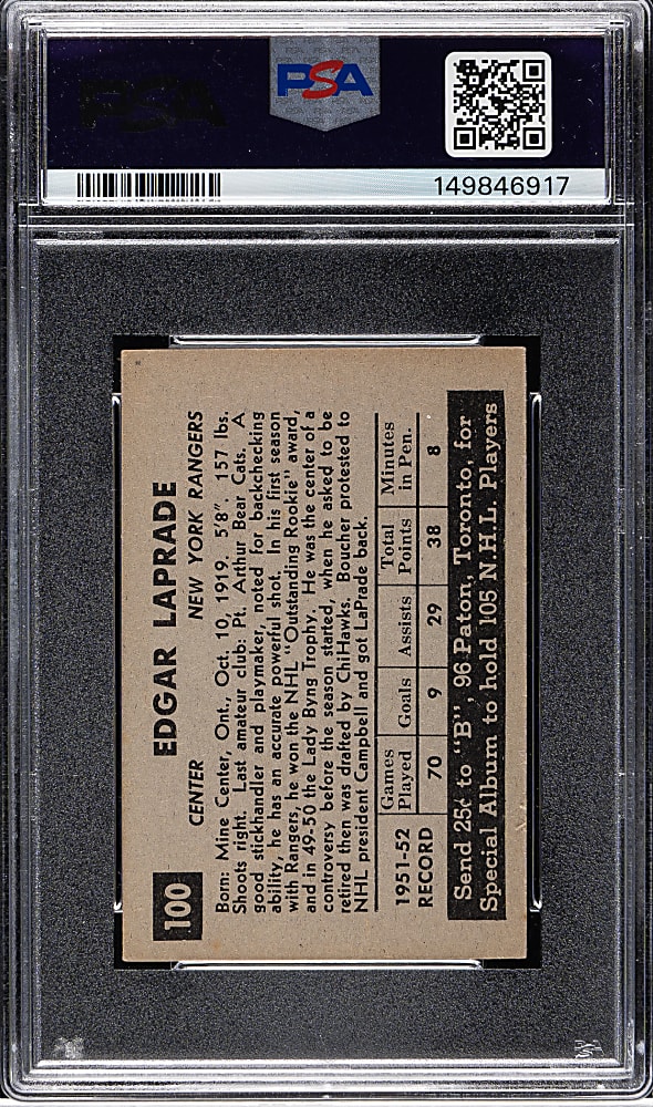 1952-1953 Parkhurst Hockey #100 Edgar LaPrade PSA VG-EX 4