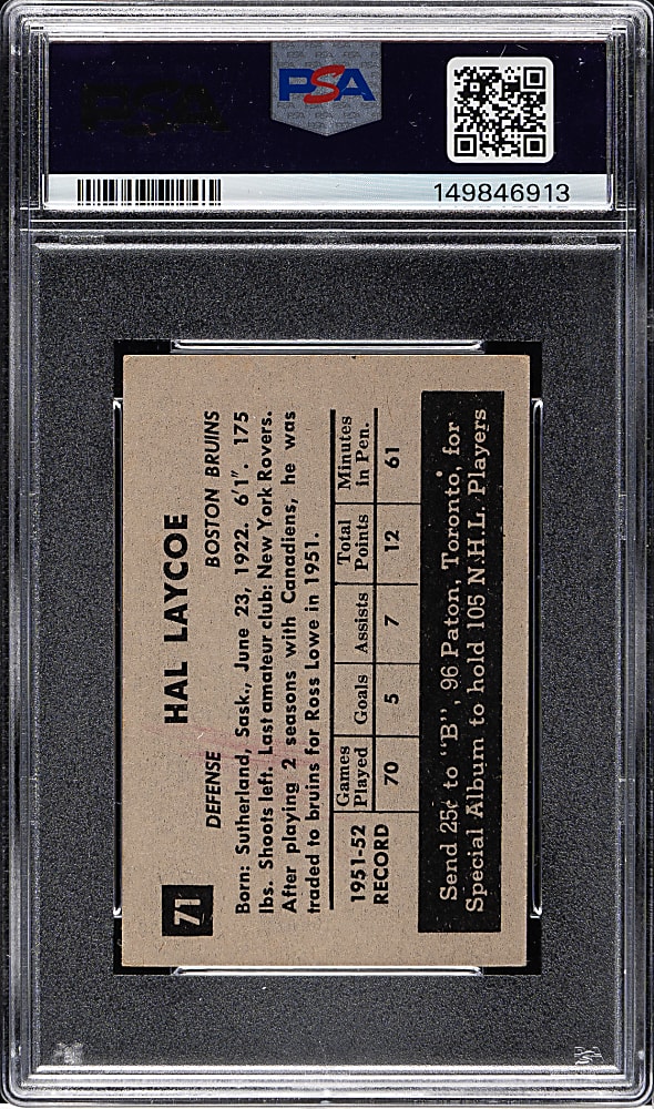 1952-1953 Parkhurst Hockey #71 Hal Laycoe PSA EX 5
