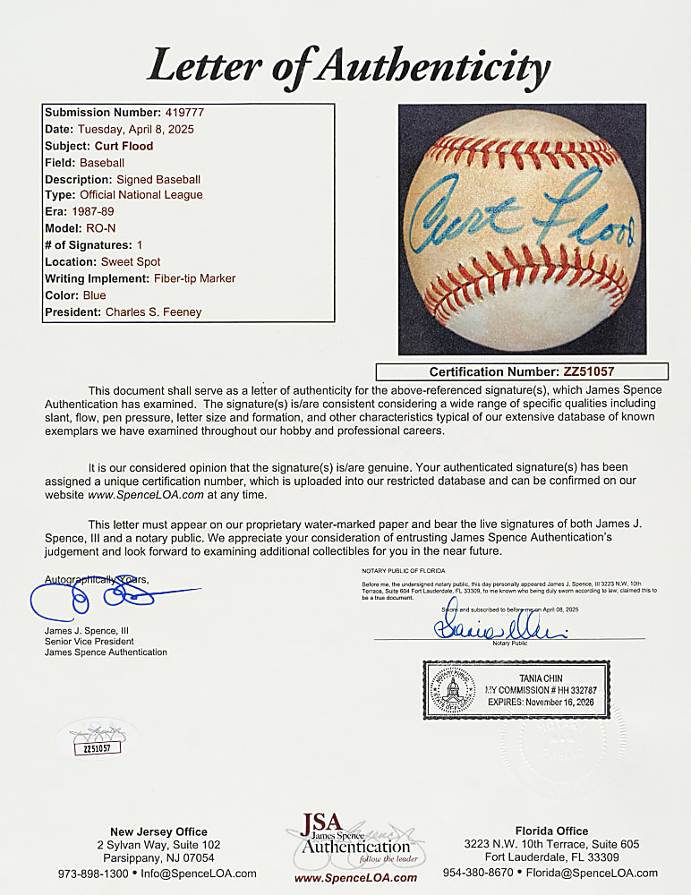 Curt Flood Single-Signed Baseball - JSA
