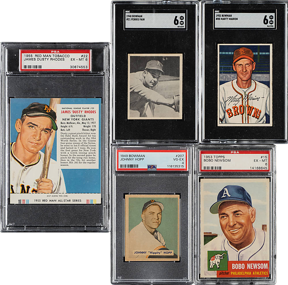 1948 to 1955 Topps, Bowman, and Red Man Tobacco PSA- and SGC-Graded Collection (5)