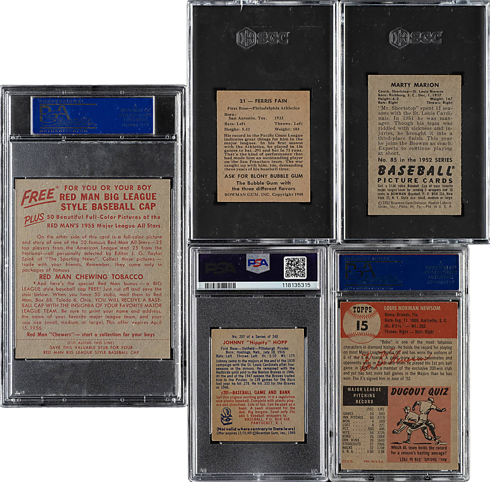 1948 to 1955 Topps, Bowman, and Red Man Tobacco PSA- and SGC-Graded Collection (5)