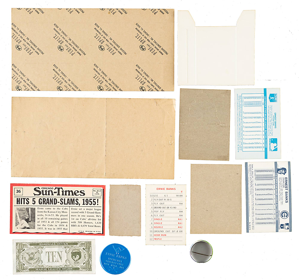 1956 to 1971 Ernie Banks Oddball-Card Collection (13) Including Topps Pins, Greatest Moments, Bazooka, and Transogram