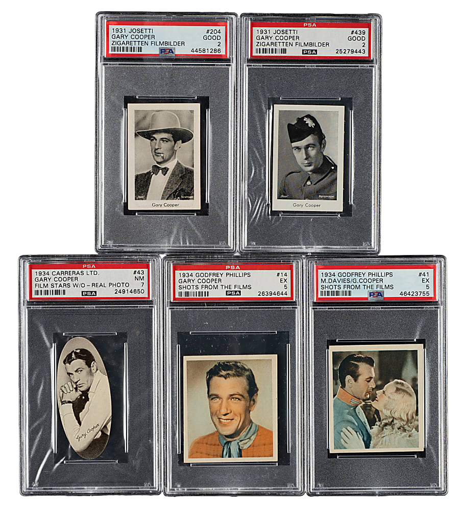 1931 to 1934 Josetti, Carreras Ltd., and Godfrey Phillips Gary Cooper PSA-Graded Collection (5)