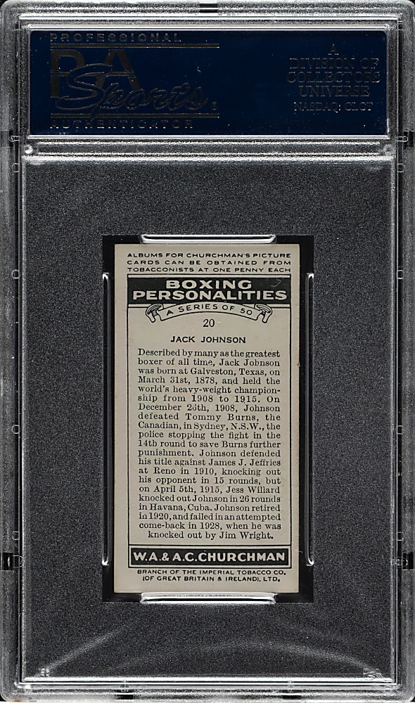 1938 W. A. & A. C. Churchman "Boxing Personalities" #20 Jack Johnson PSA EX-MT 6