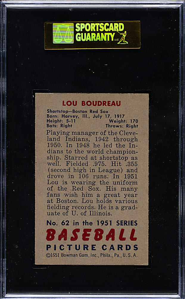 1951 Bowman #62 Lou Boudreau SGC EX 60