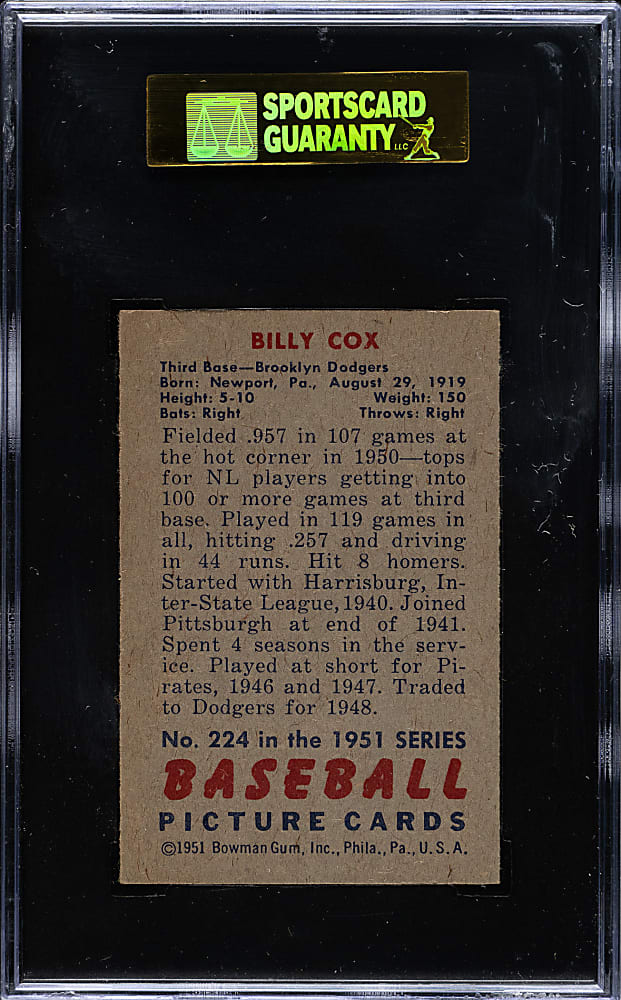 1951 Bowman #224 Billy Cox SGC EX/NM 80