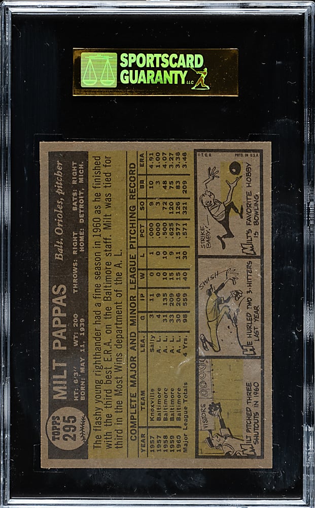 1961 Topps #295 Milt Pappas SGC MINT 96