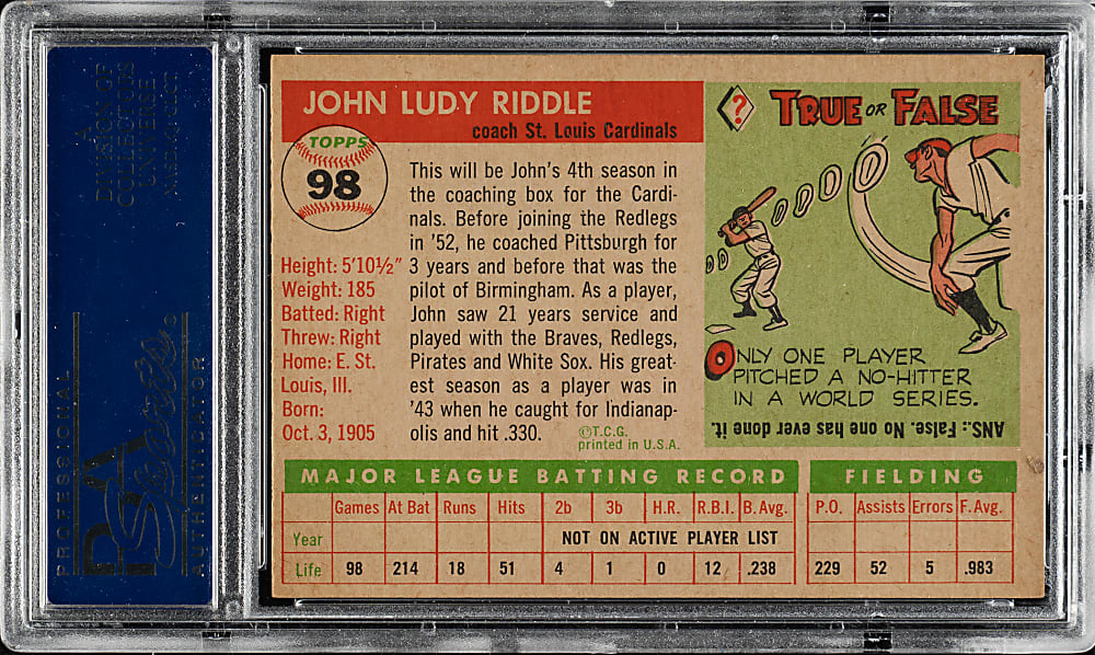 1955 Topps #98 Johnny Riddle PSA NM-MT 8