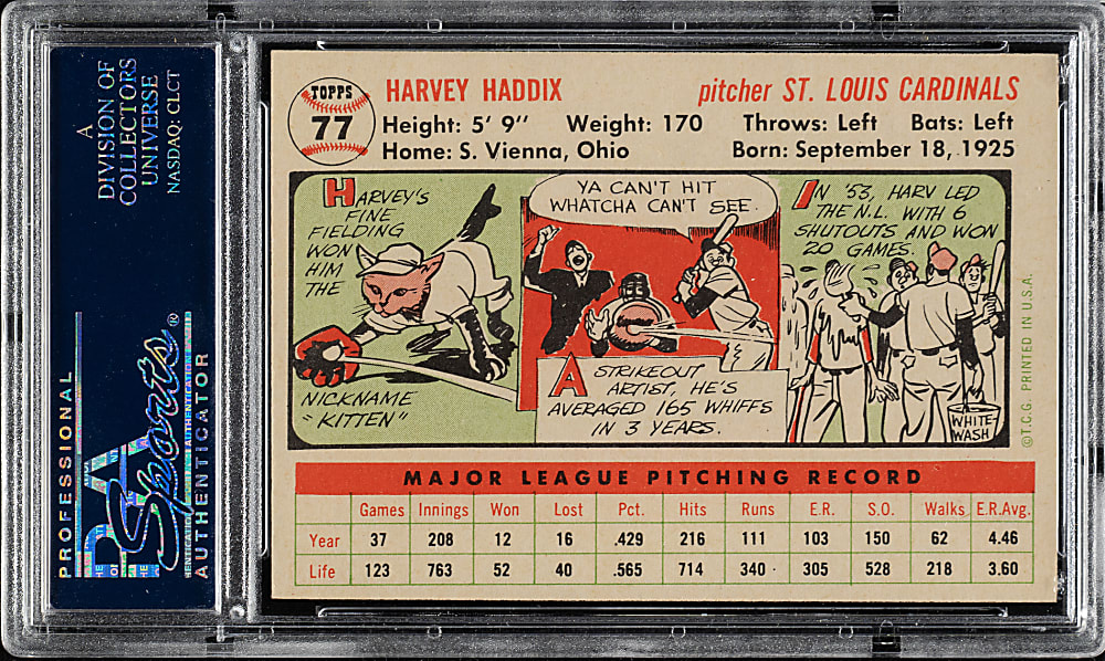 1956 Topps #77 Harvey Haddix White Back PSA NM-MT 8