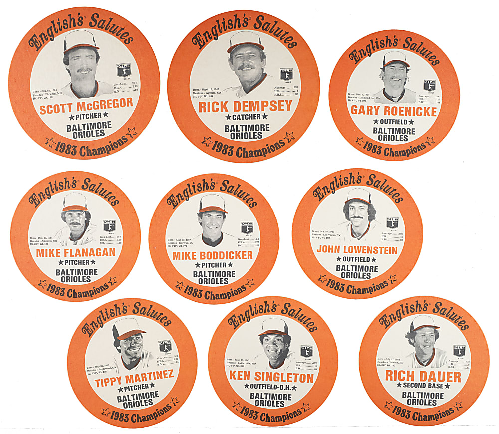 1983 English's Chicken Baltimore Orioles Lids Complete Set (13) Including Eddie Murray, Jim Palmer, and Cal Ripken Jr.