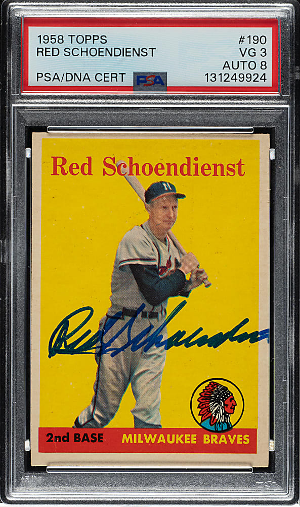 Signed 1958 Topps #190 Red Schoendienst PSA VG 3 with NM-MT 8 Signature