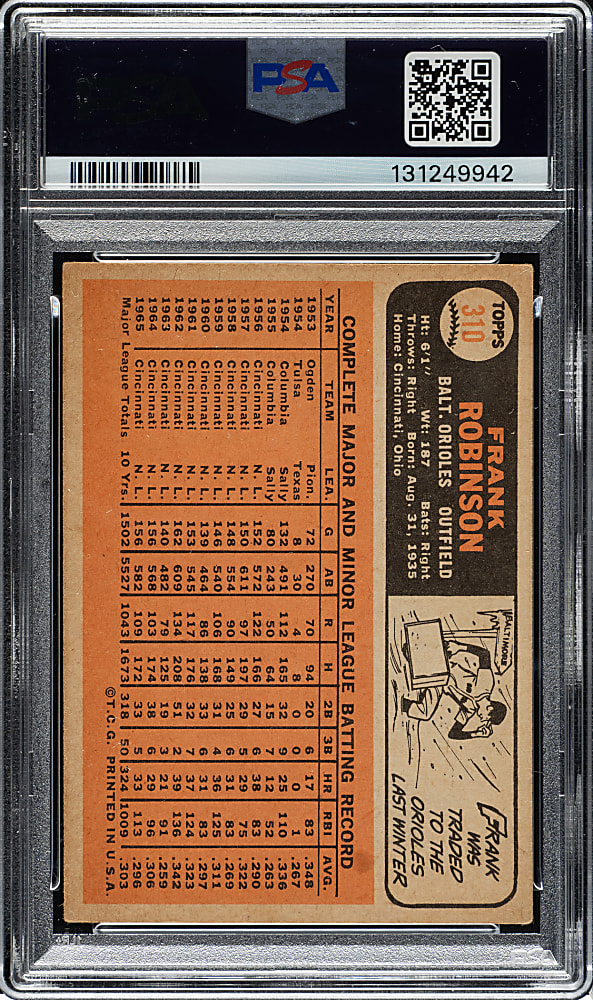 Signed 1966 Topps #310 Frank Robinson PSA VG 3 with NM 7 Signature