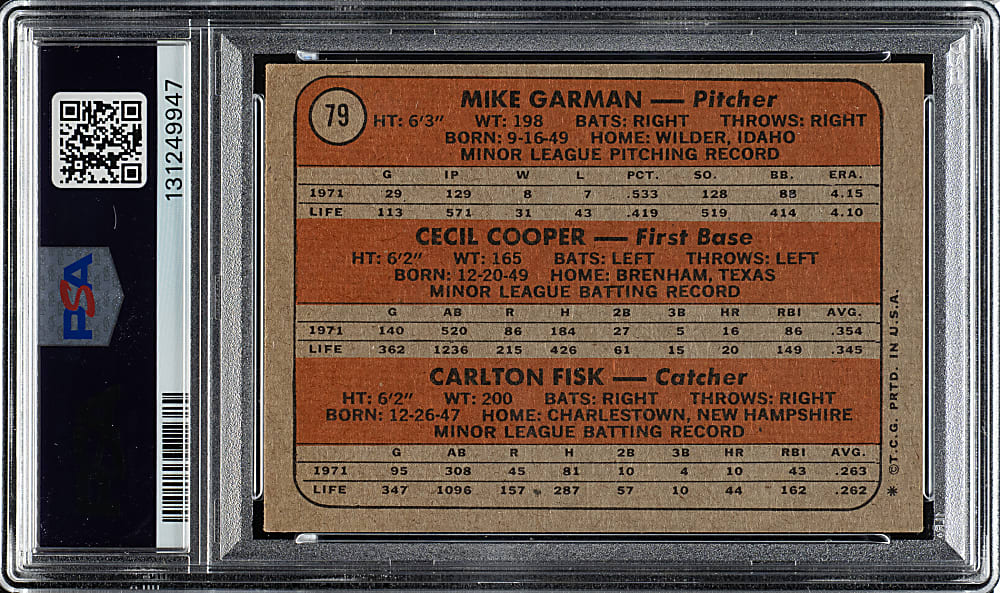 Signed 1972 Topps #79 Carlton Fisk Rookie PSA EX 5 with GEM MINT 10 Signature
