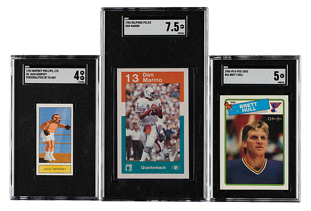 1932 to 1988 Boxing, Football, and Hockey Hall of Fame SGC-Graded Trio: Jack Dempsey, Dan Marino, and Brett Hull Rookie