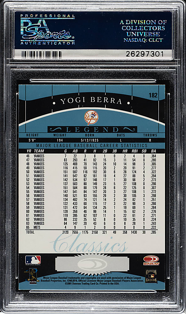2001 Donruss Classics Significant Signatures #182 Yogi Berra PSA MINT 9