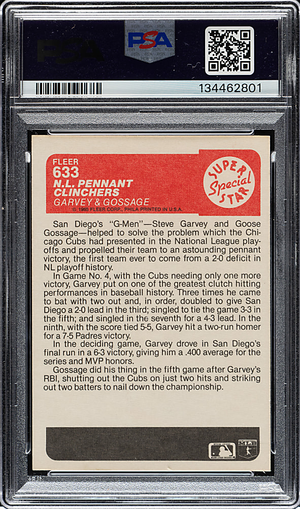 Signed 1985 Fleer #633 NL Pennant Clinchers with Steve Garvey and Goose Gossage PSA EX-MT 6 with MINT 9 Signatures