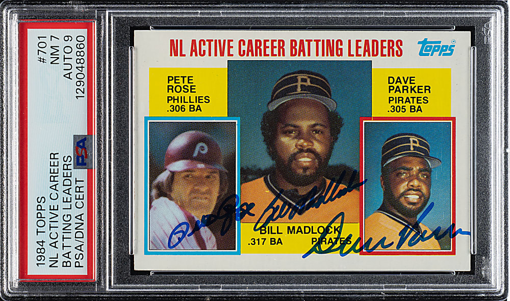 Signed 1984 Topps #701 NL Active Career Batting Leaders with Pete Rose, Bill Madlock, and Dave Parker PSA NM 7 with MINT 9 Signatures