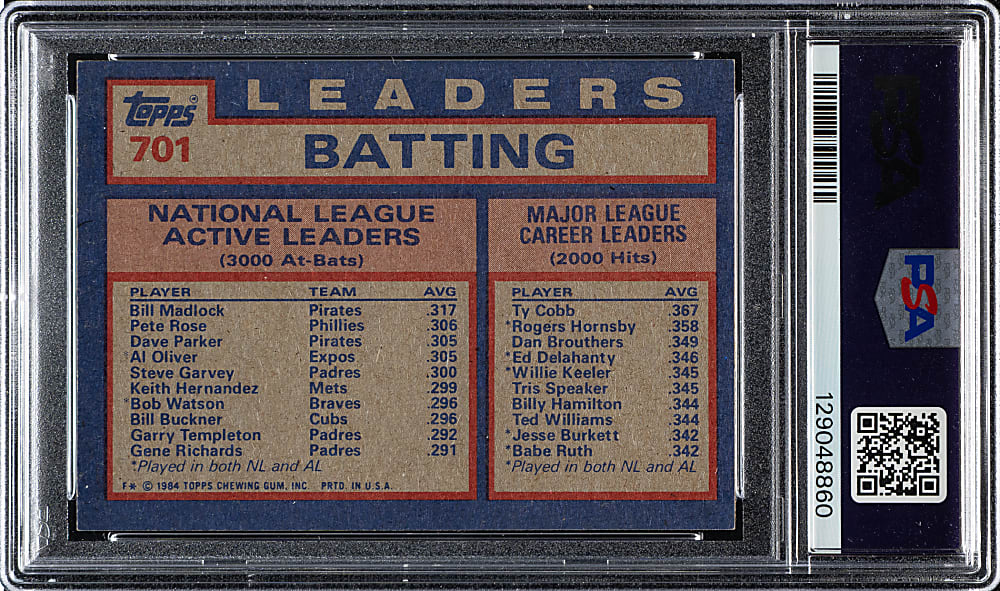 Signed 1984 Topps #701 NL Active Career Batting Leaders with Pete Rose, Bill Madlock, and Dave Parker PSA NM 7 with MINT 9 Signatures