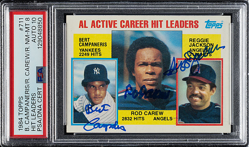 Signed 1984 Topps #711 Bert Campaneris/RodCarew/Reggie Jackson PSA NM-MT 8 with GEM MINT 10 Signatures