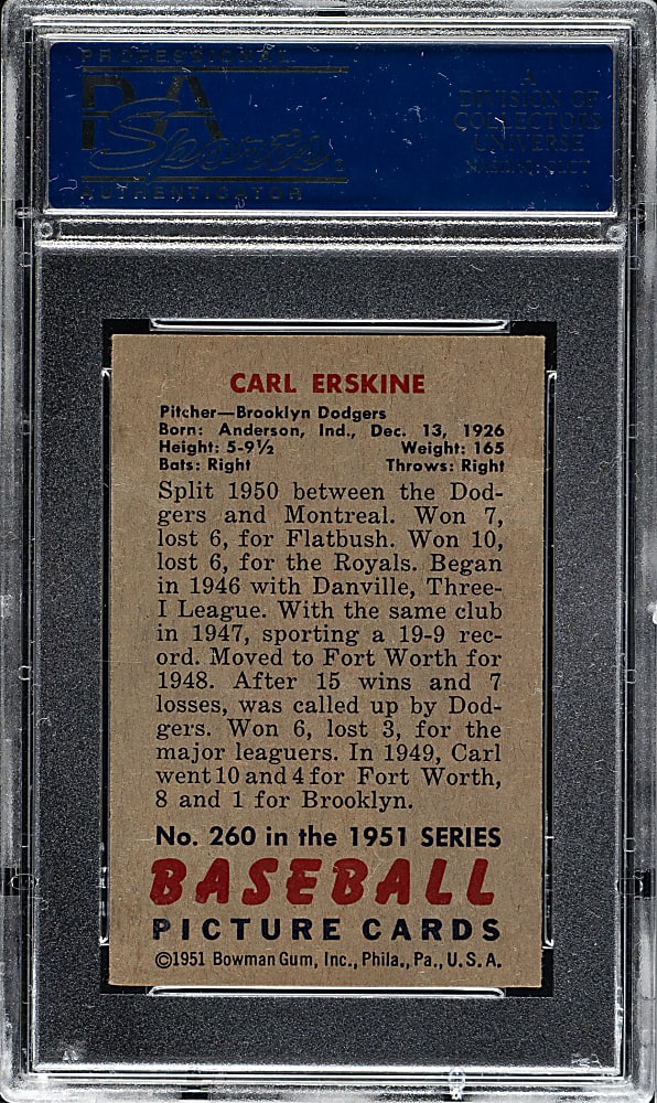1951 Bowman #260 Carl Erskine Rookie PSA EX-MT 6