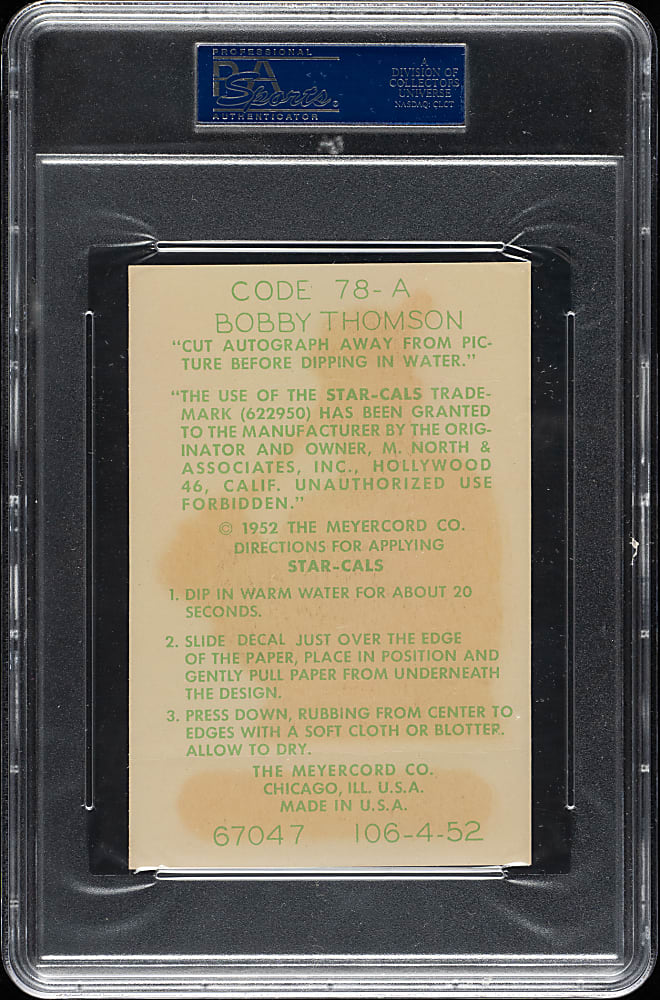 1952 Star-Cal Decals Type 1 #78-A Bobby Thomson (No Envelope) PSA FAIR 1.5