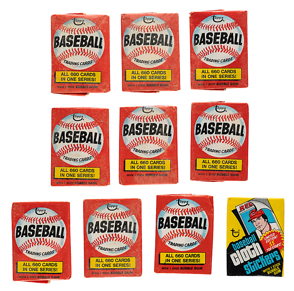1974 Topps 2-Card Fun Pack and 1977 Topps Cloth Stickers Unopened Wax Pack Collection (10)
