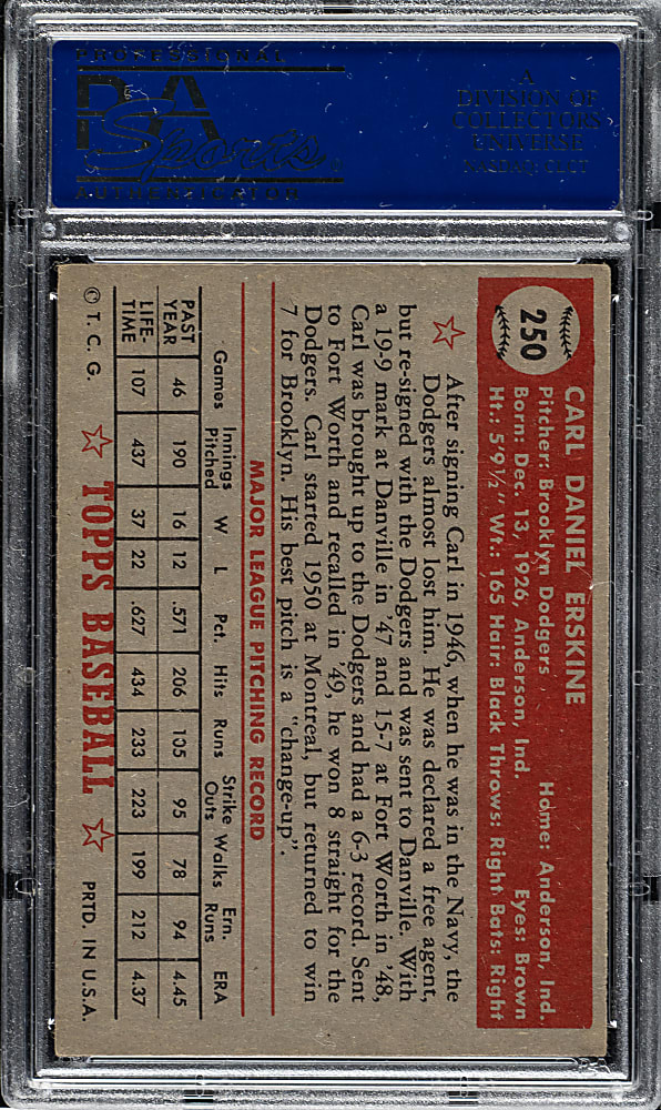 1952 Topps #250 Carl Erskine PSA EX 5