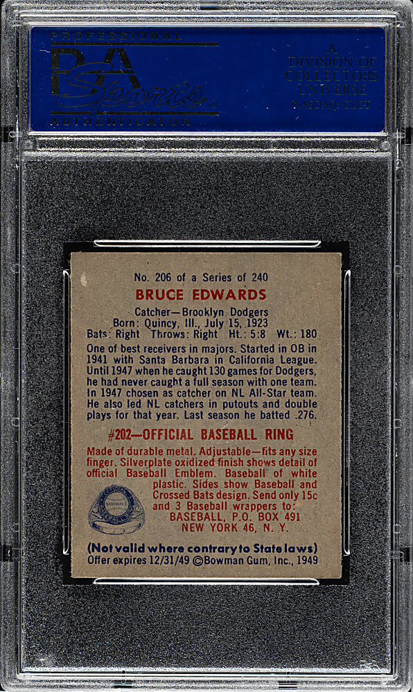 1949 Bowman #206 Bruce Edwards PSA EX-MT 6