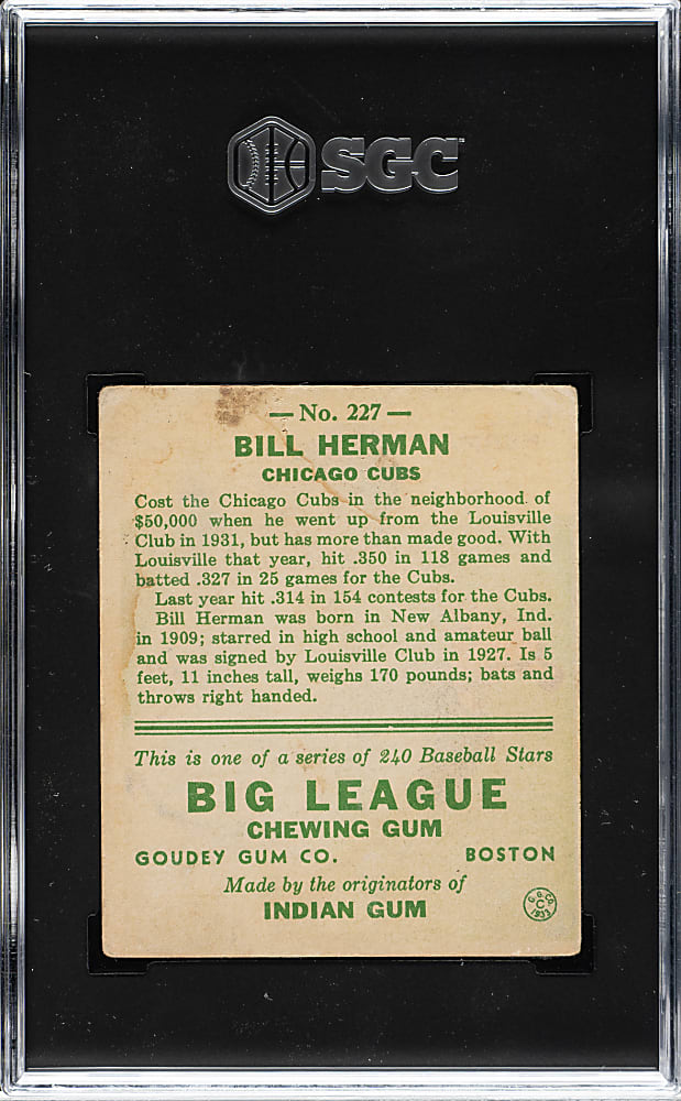 1933 R319 Goudey #227 Bill Herman SGC GOOD+ 2.5